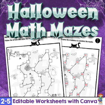 Halloween Math Mazes - Add, Subtract, Multiply, Divide Editable